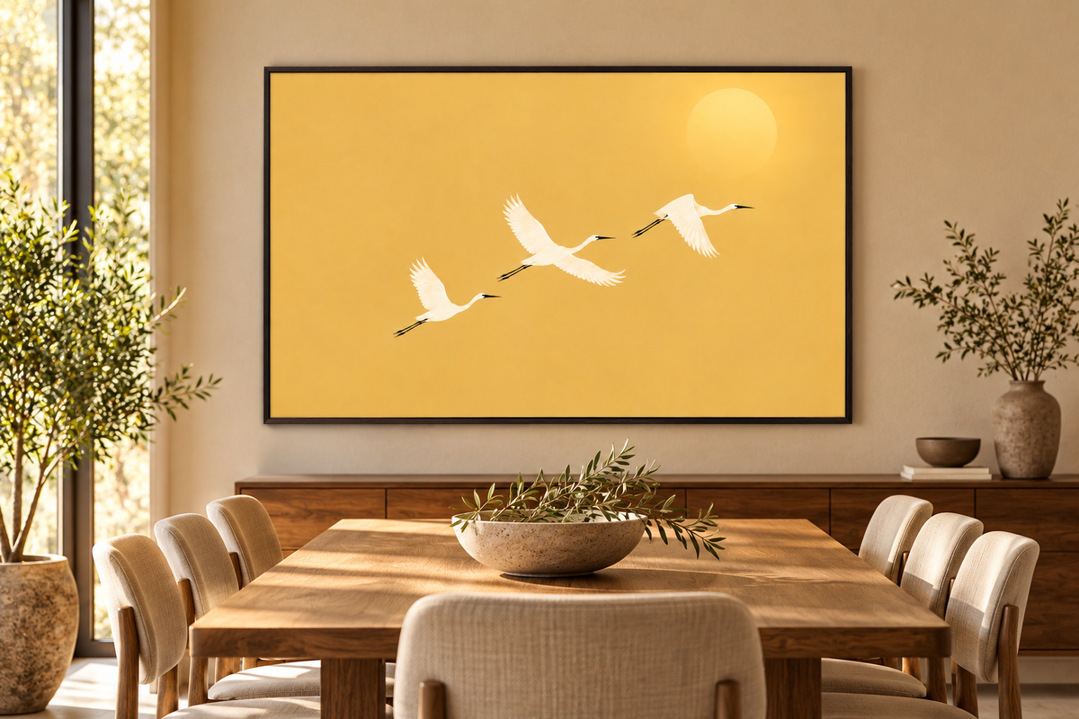 Golden Flight landscape wall art in a dining room