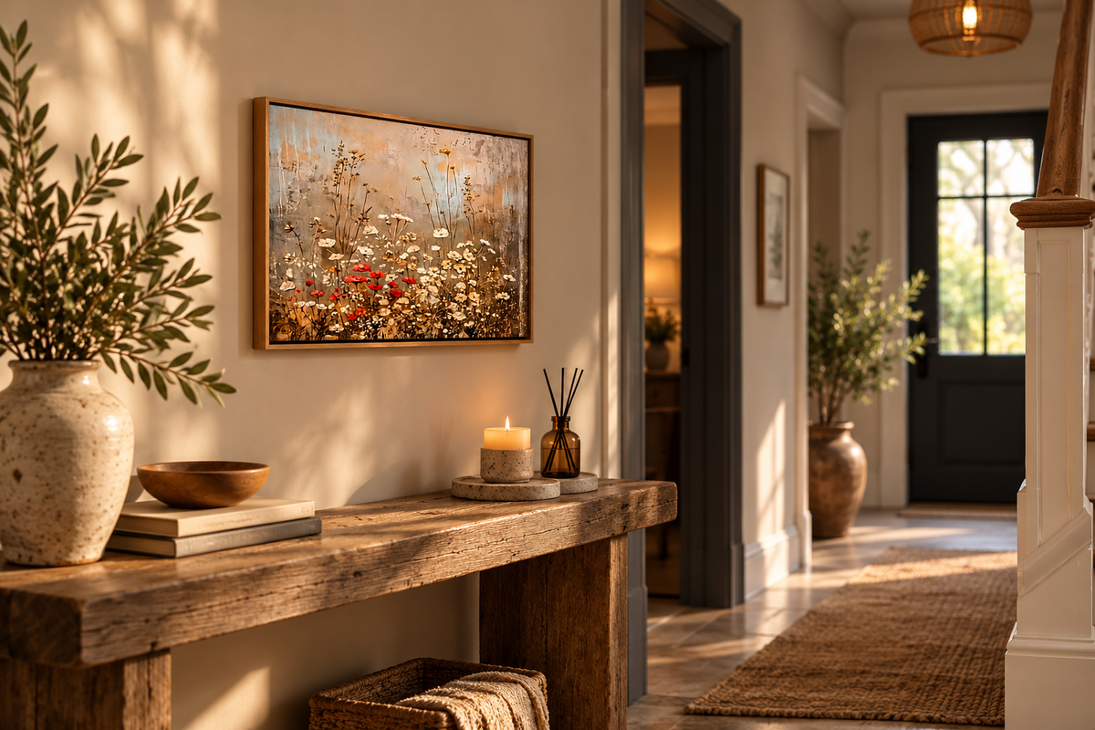 Wildflower landscape wall art in a warm rustic hallway above a wooden console table