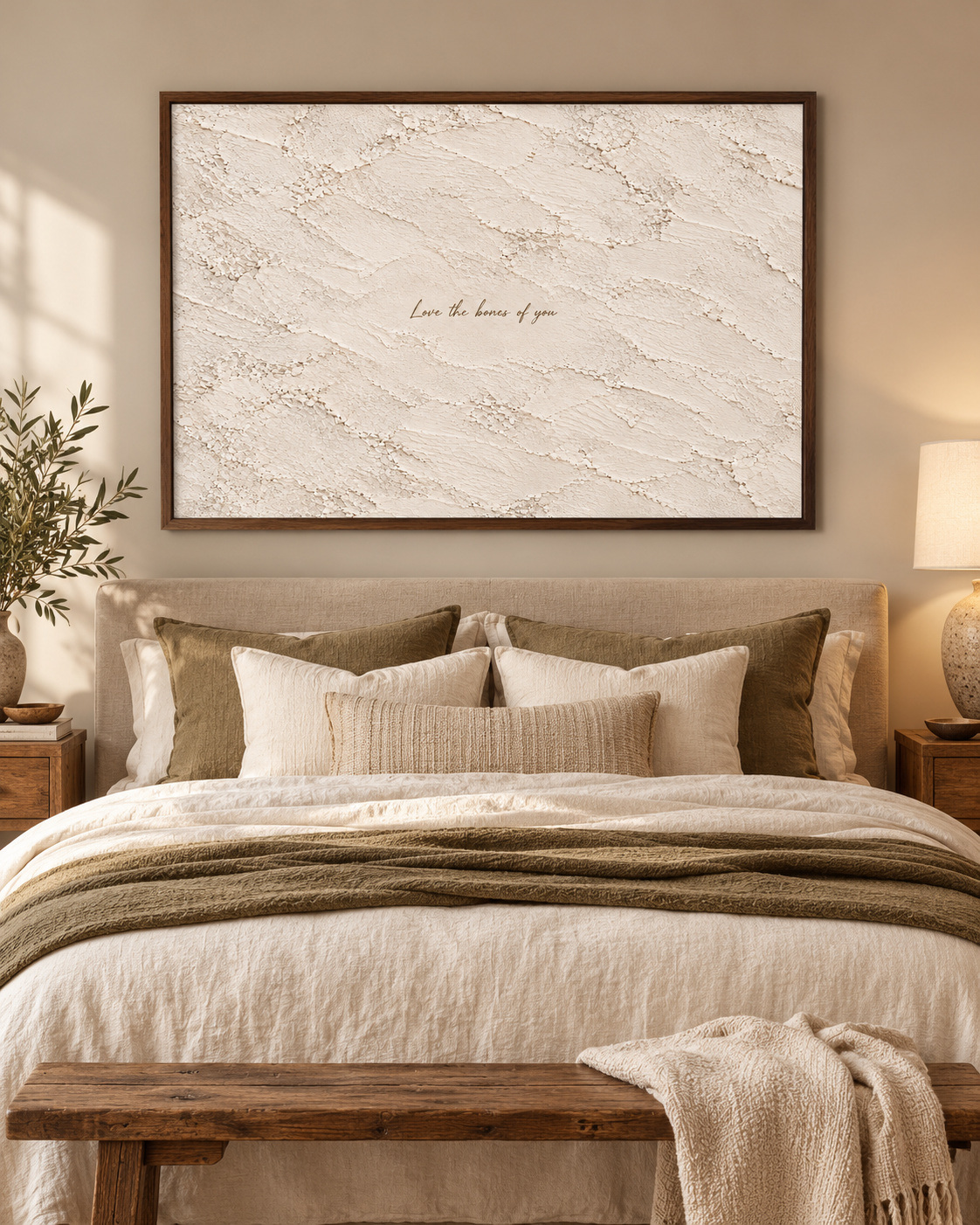 Landscape quote artwork in a neutral bedroom