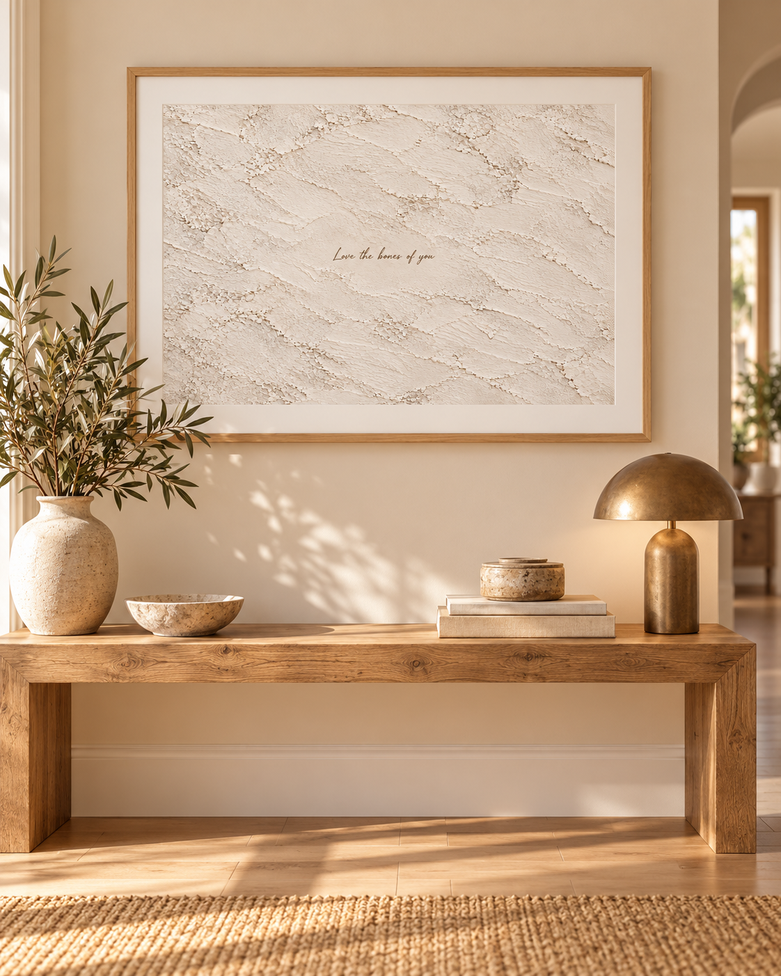 Mounted framed quote print in a warm hallway