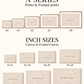 Size guide for landscape A-series prints and inch-size canvases