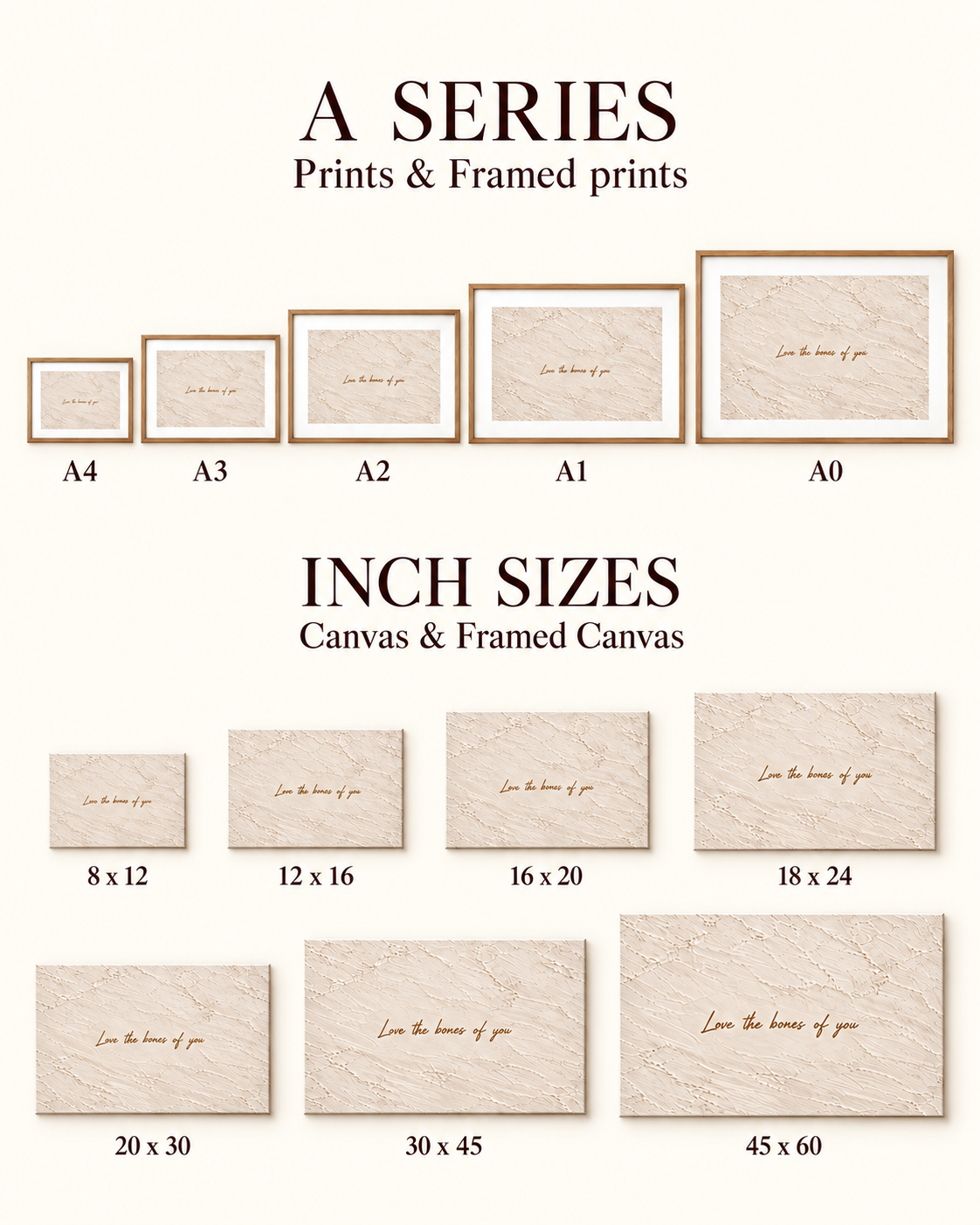 Size guide for landscape A-series prints and inch-size canvases