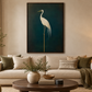 Portrait crane artwork in a warm neutral living room
