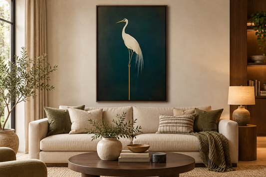 Portrait crane artwork in a warm neutral living room