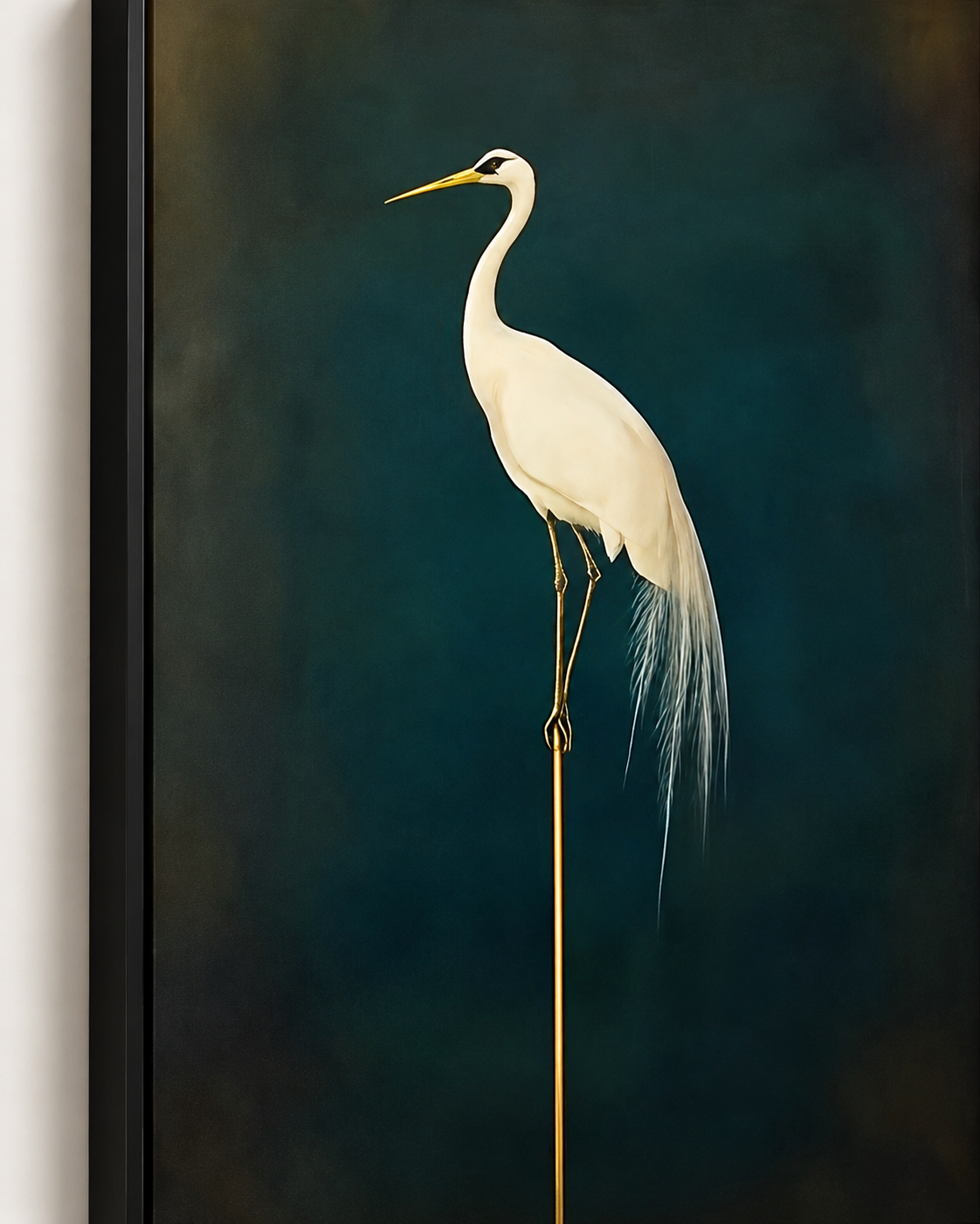 Close-up of the crane artwork in a dark float frame