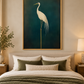 Dark teal crane artwork displayed above a bed