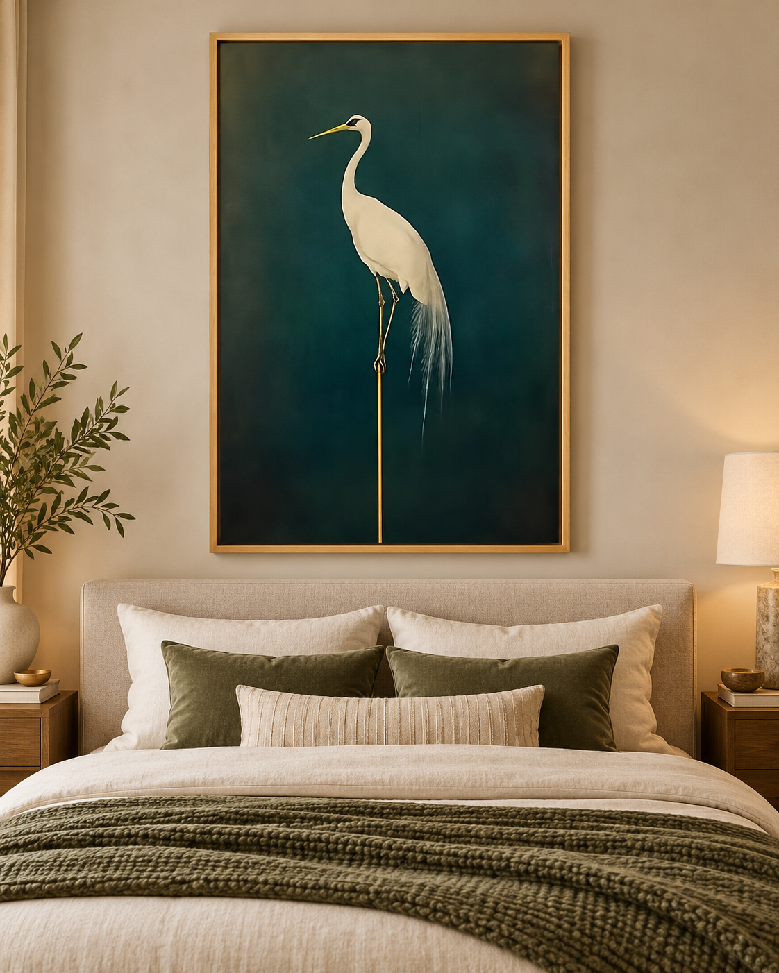 Dark teal crane artwork displayed above a bed