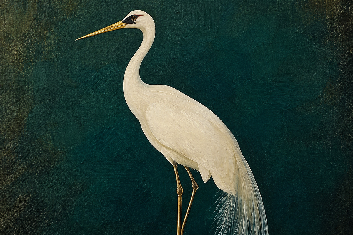 Detail of the pale crane and deep teal background