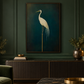 Portrait crane wall art in a dark green living room