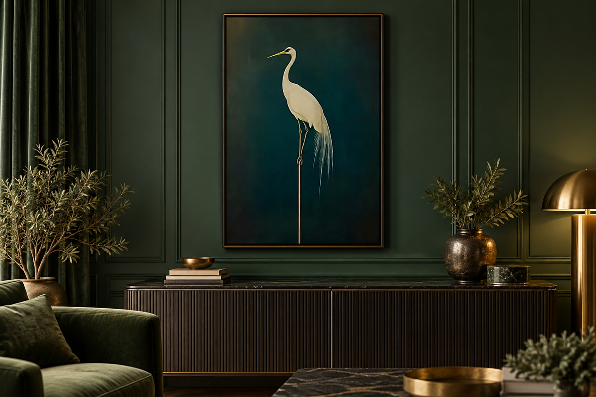 Portrait crane wall art in a dark green living room