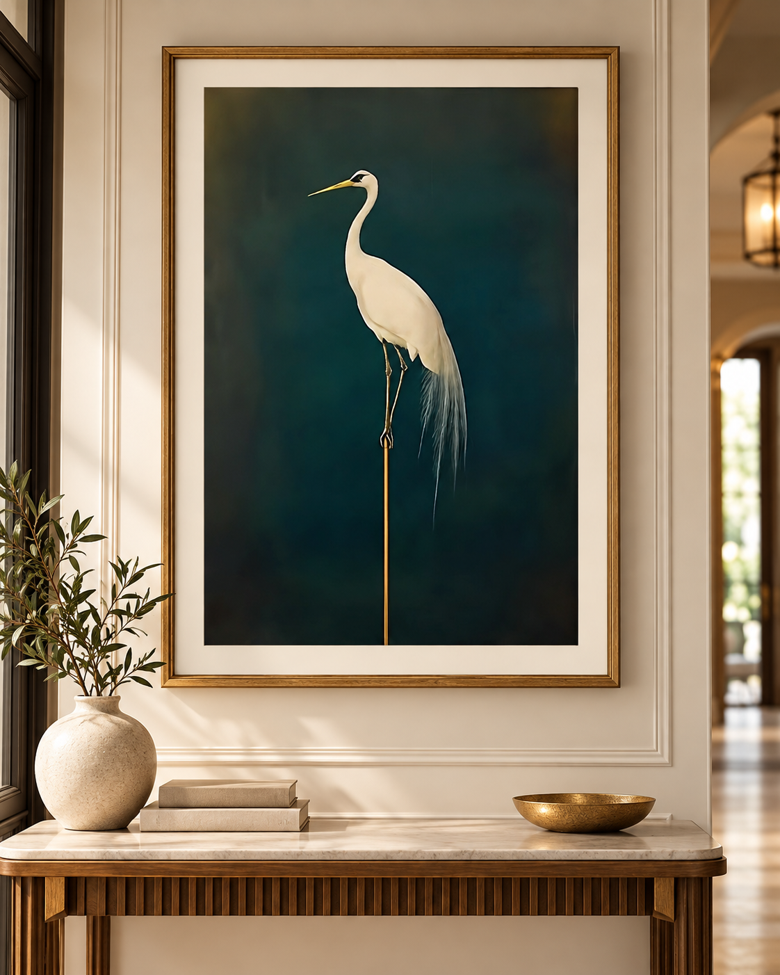 Mounted framed crane print displayed in a hallway