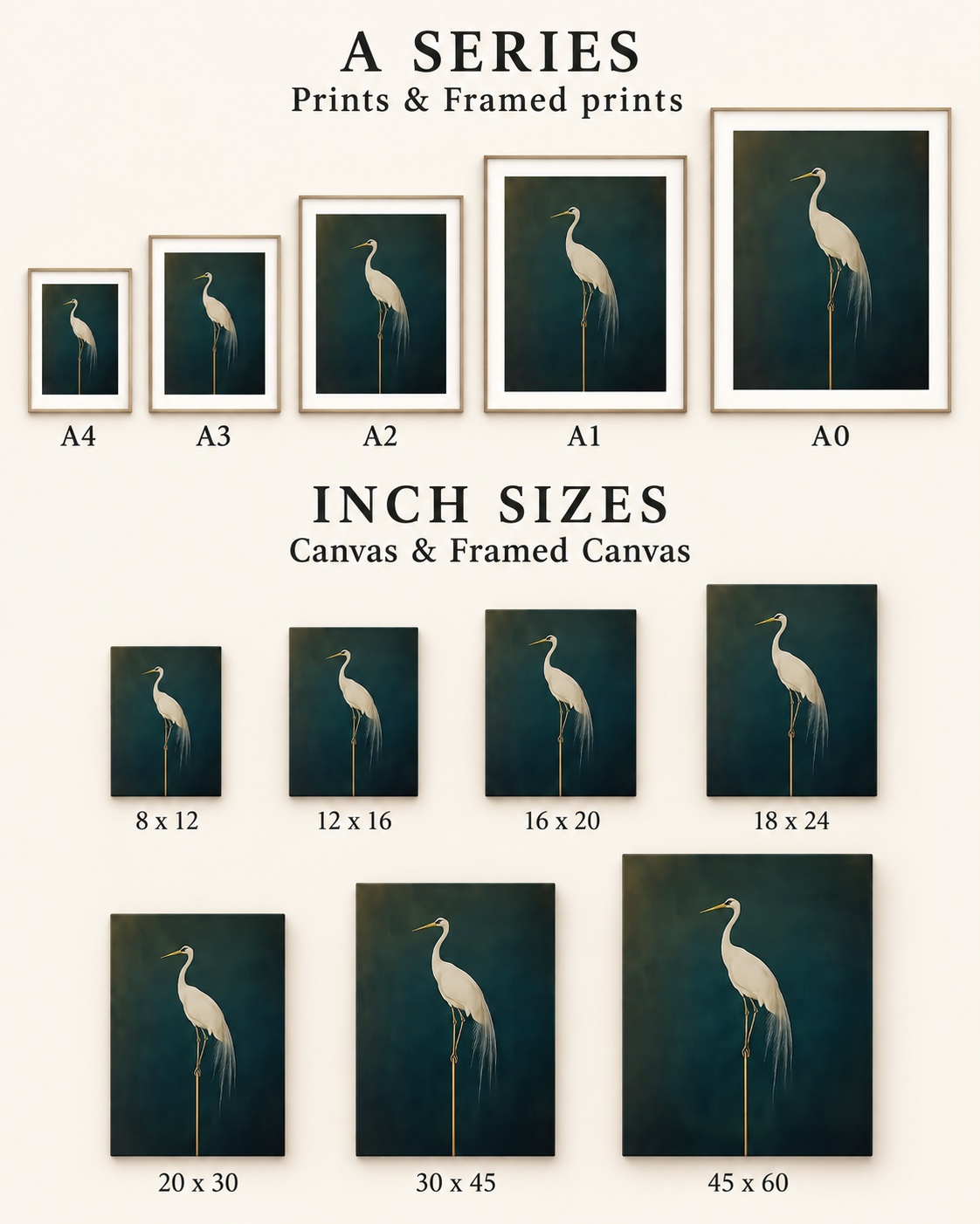 Size guide showing A-series framed prints and portrait canvas sizes