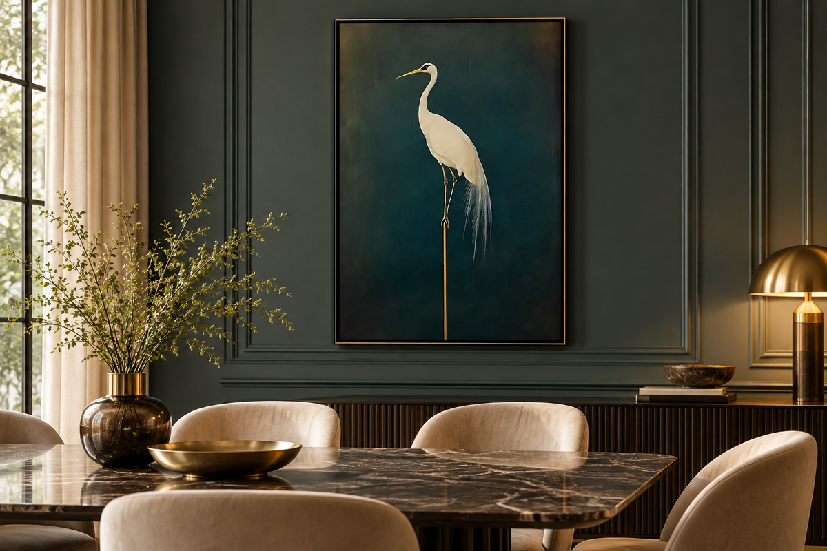 Crane wall art in a sophisticated dining room