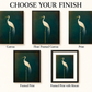 Choose your finish guide with simple black frames and portrait crane artwork