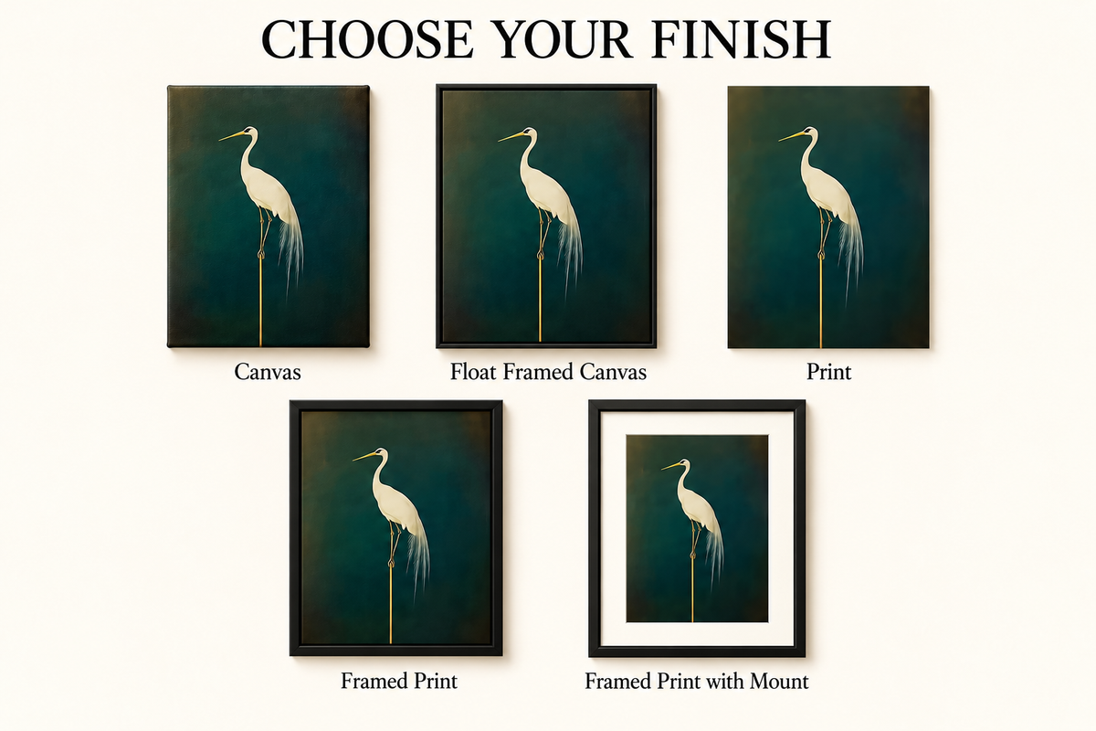 Choose your finish guide with simple black frames and portrait crane artwork