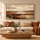 Earth and Horizon neutral abstract landscape in an oak float frame above a sofa