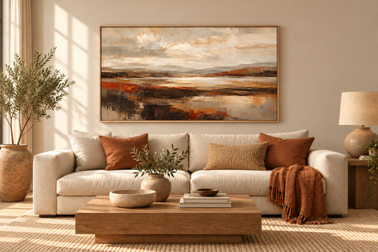 Earth and Horizon neutral abstract landscape in an oak float frame above a sofa