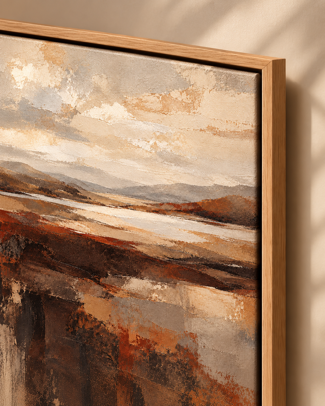 Close-up of earthy abstract landscape in a natural wood float frame