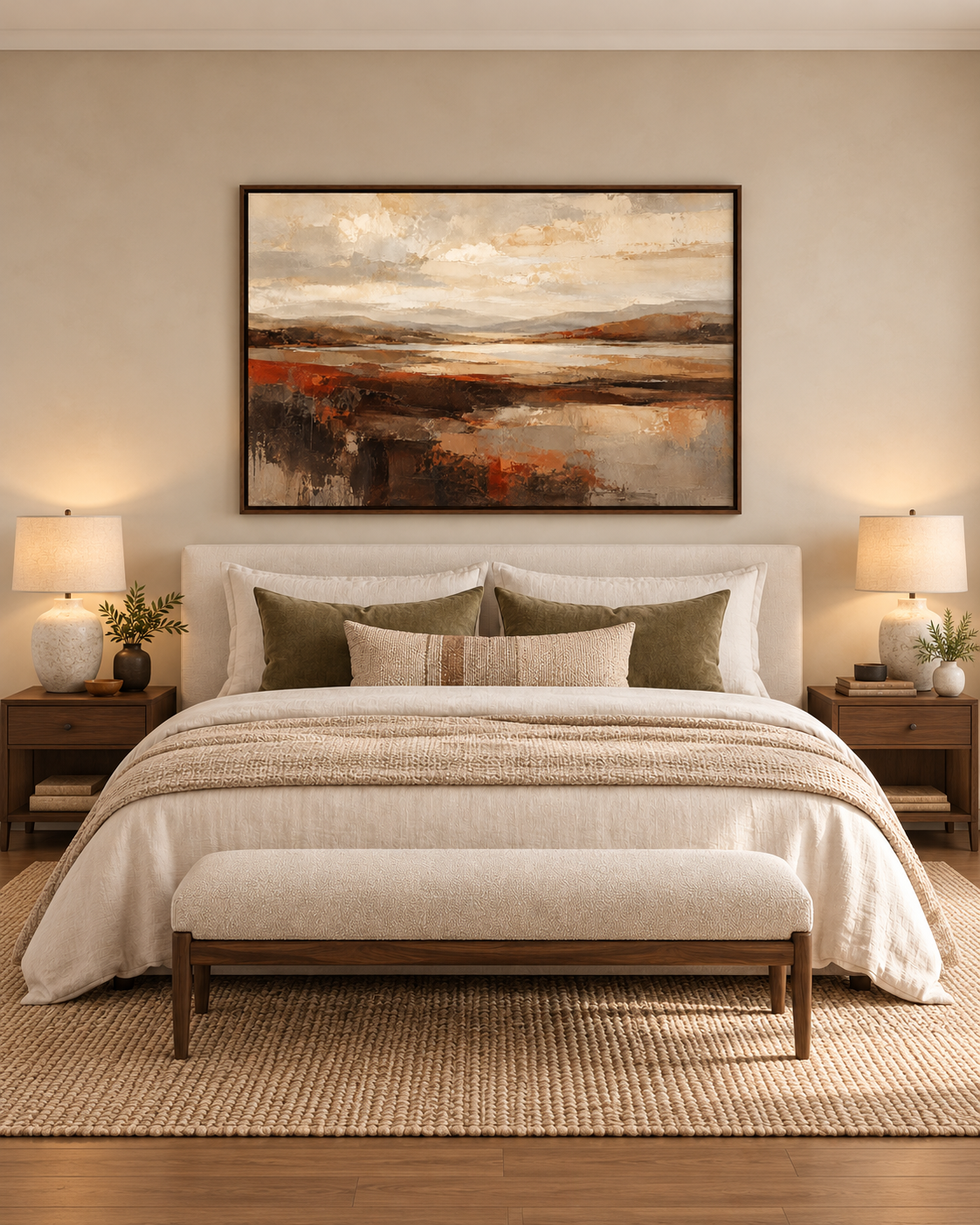 Earth and Horizon landscape artwork in a warm neutral bedroom