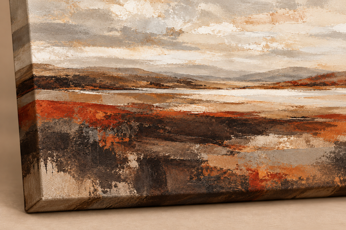 Close-up of Earth and Horizon abstract artwork on canvas