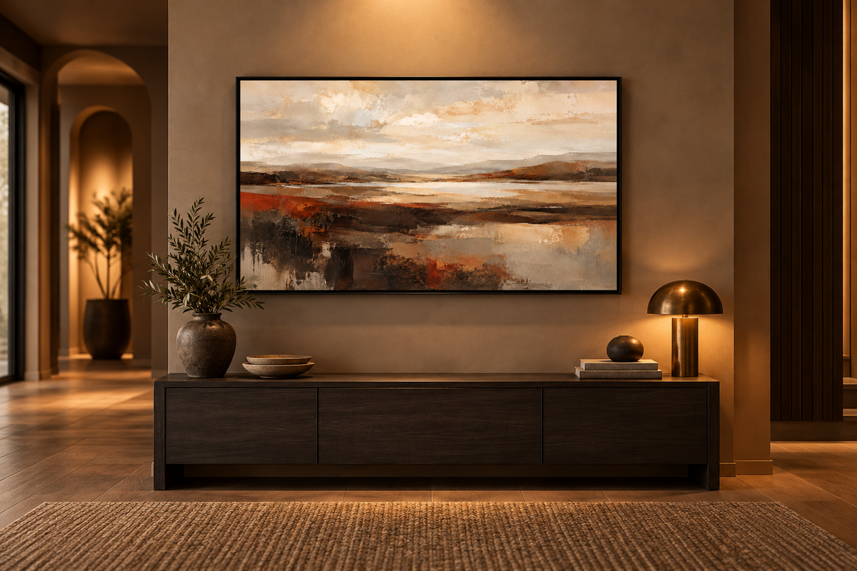 Earth and Horizon abstract wall art in a black frame above a sideboard