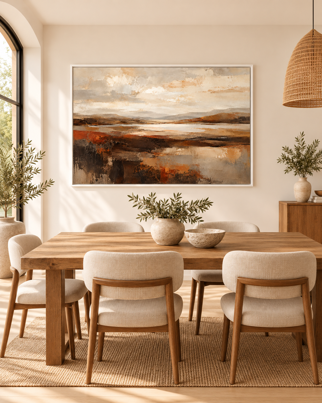 Earth and Horizon in a white frame in a contemporary dining room
