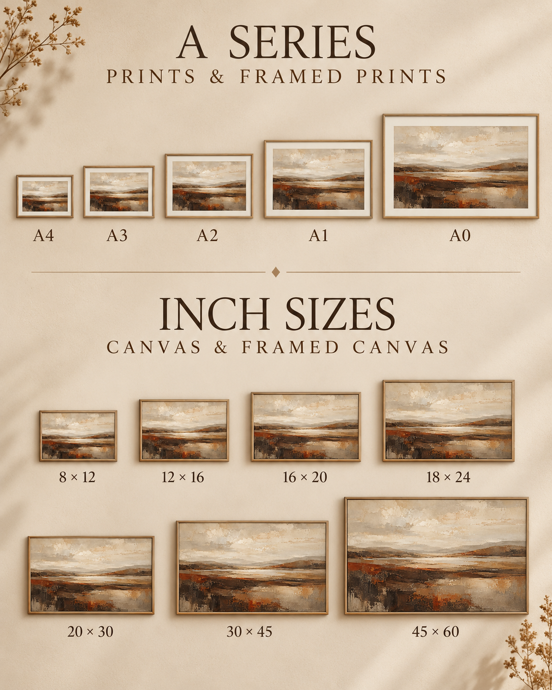Earth and Horizon size guide for A-series prints and inch-size canvases