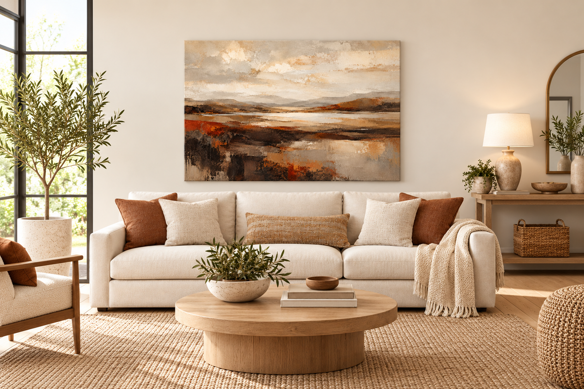 Earth and Horizon landscape canvas above a neutral sofa