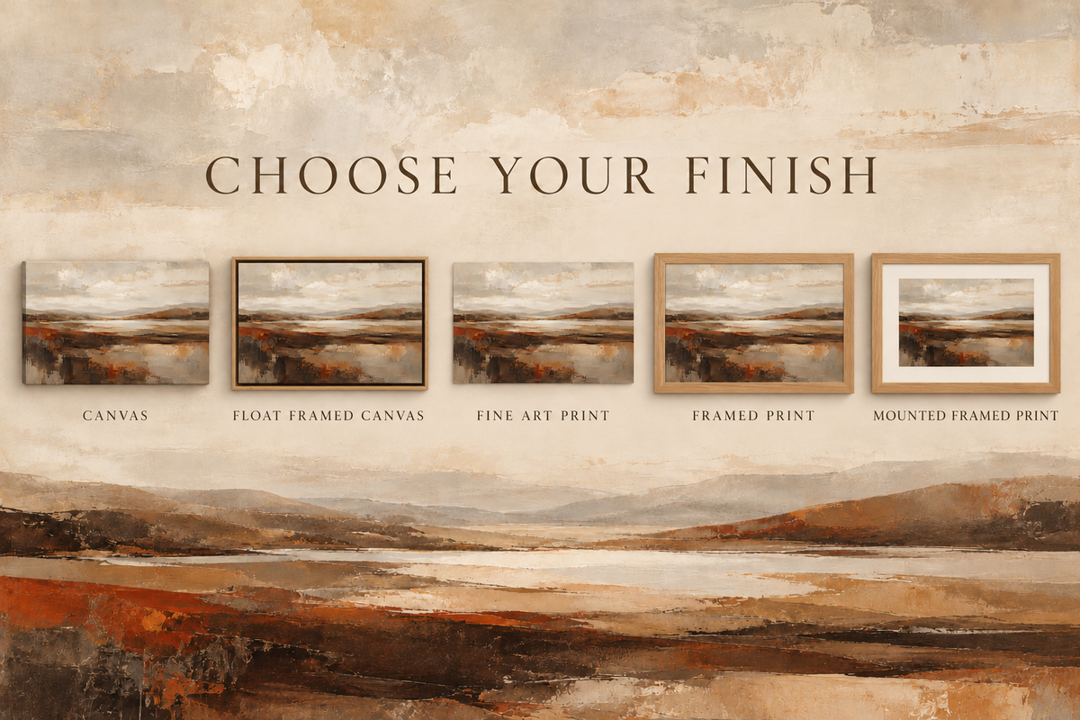 Earth and Horizon finish guide showing canvas, slim float frame, print, wider framed print and mounted framed print