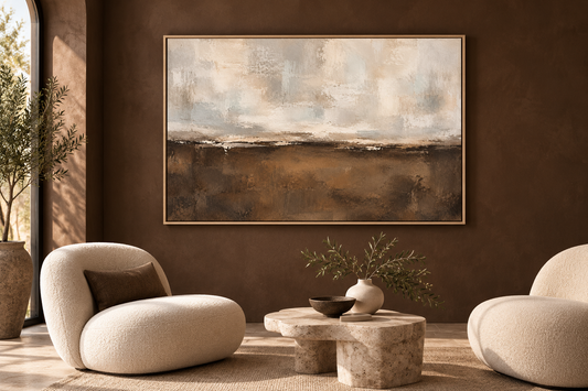 Quiet Horizon in Umber in a contemporary room with chocolate brown wall and curved chairs