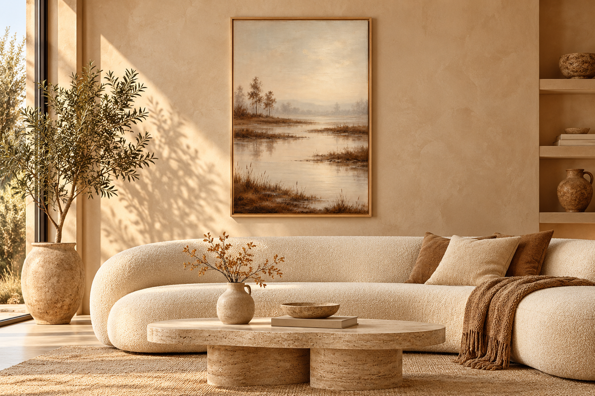 Stillwater Reverie in a contemporary room with curved cream sofa