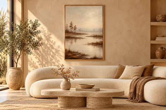Stillwater Reverie in a contemporary room with curved cream sofa