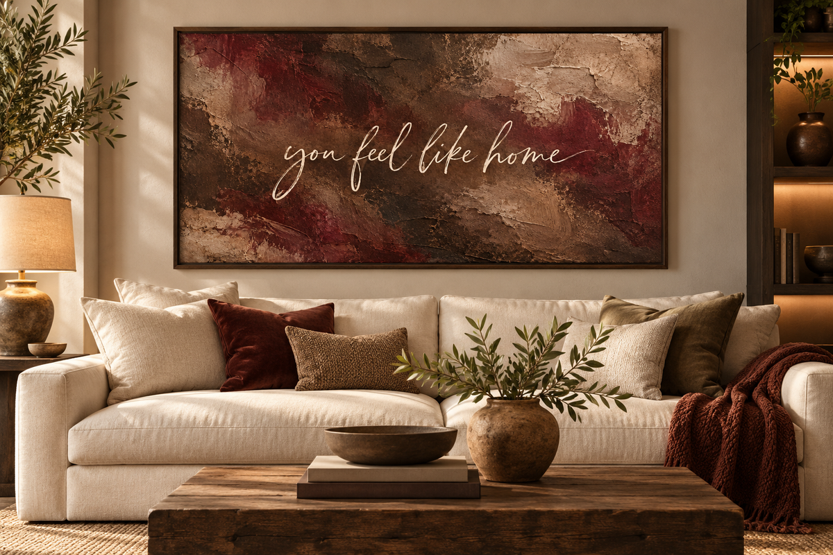 You Feel Like Home burgundy quote artwork in a warm living room