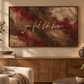 Burgundy quote artwork displayed above a wooden console