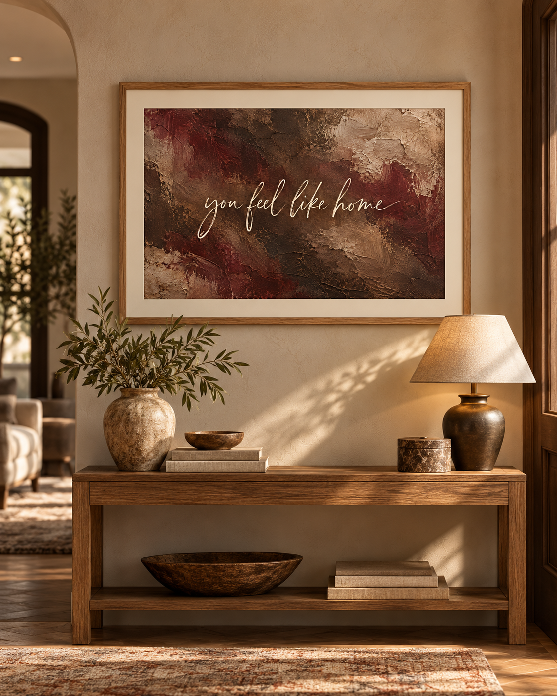 You Feel Like Home mounted framed print in a hallway