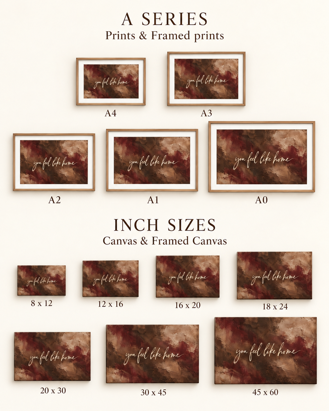 Size guide for A-series mounted prints and landscape inch-size canvases
