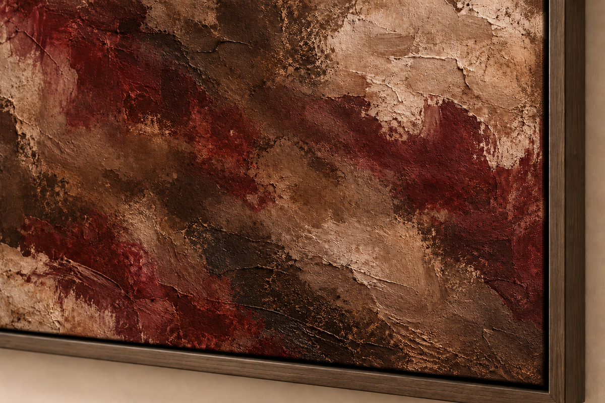 Close-up of the artwork's brown and burgundy plaster effect and dark frame
