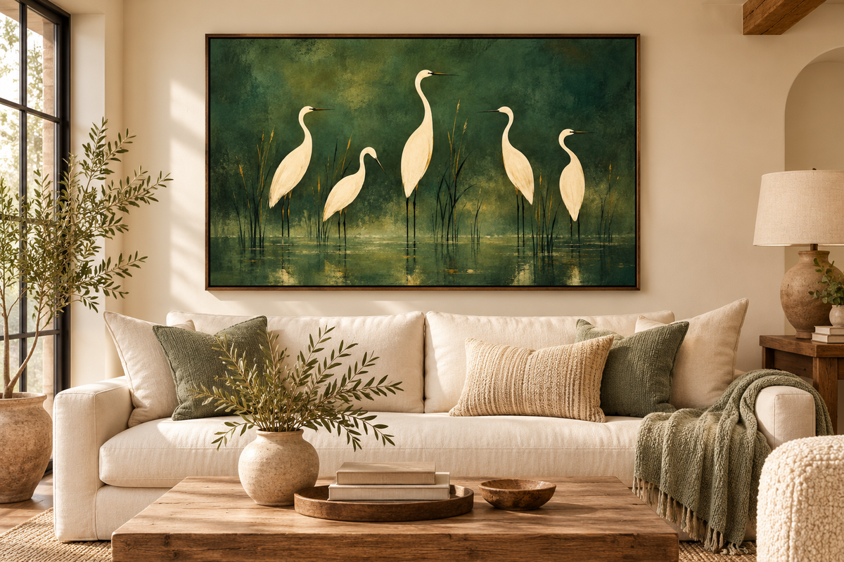 Five ivory birds in a forest green landscape displayed above a sofa