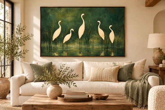 Five ivory birds in a forest green landscape displayed above a sofa