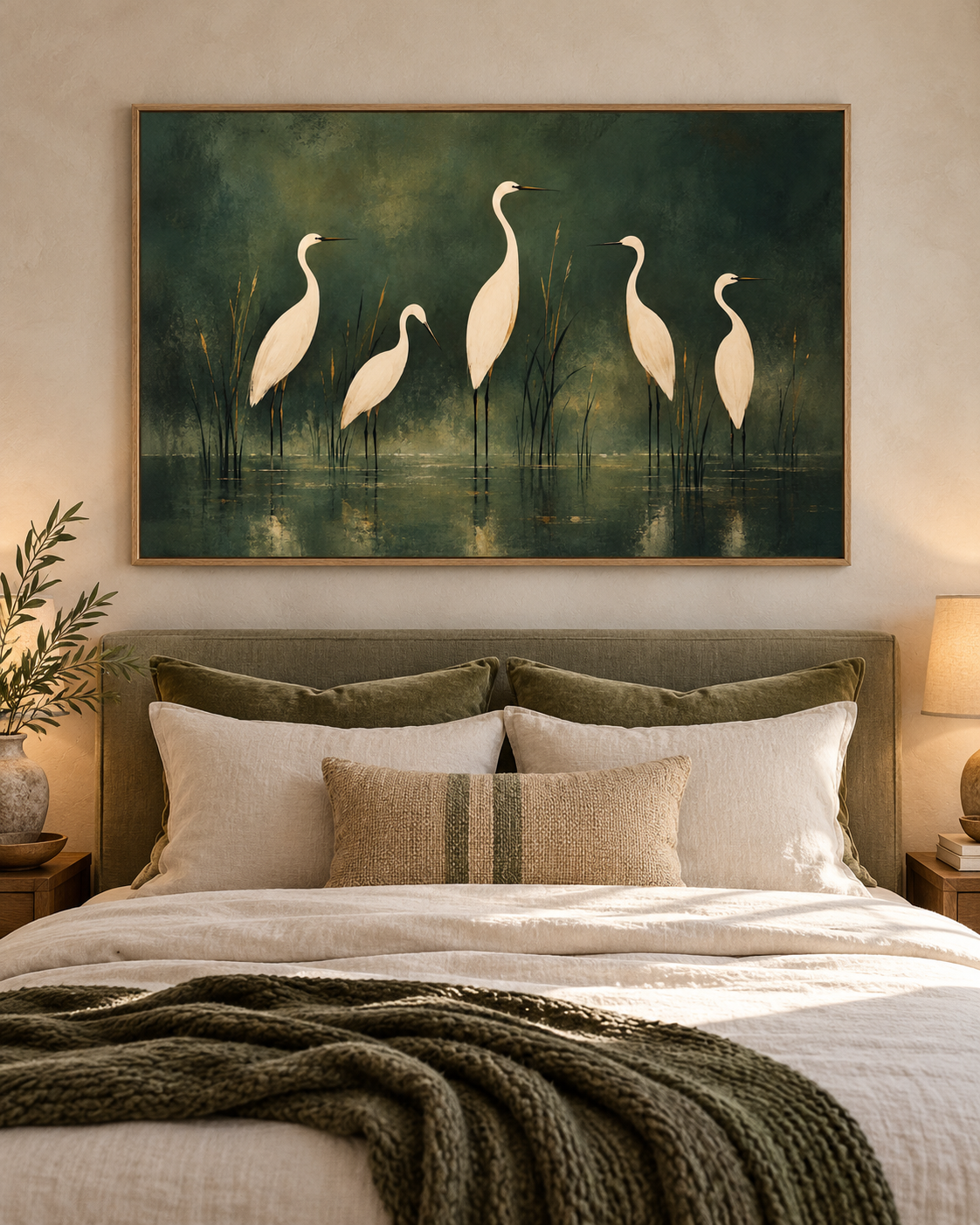 Quiet Gathering bird artwork in a neutral bedroom