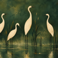 Detail of birds, reeds and deep green landscape