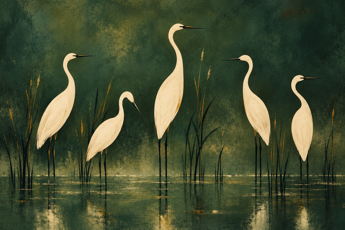 Detail of birds, reeds and deep green landscape