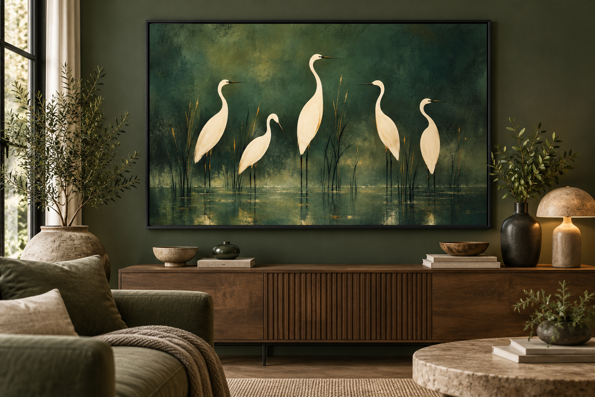 Quiet Gathering wall art in a green living room