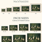 Size guide with A-series mounted prints and landscape canvases