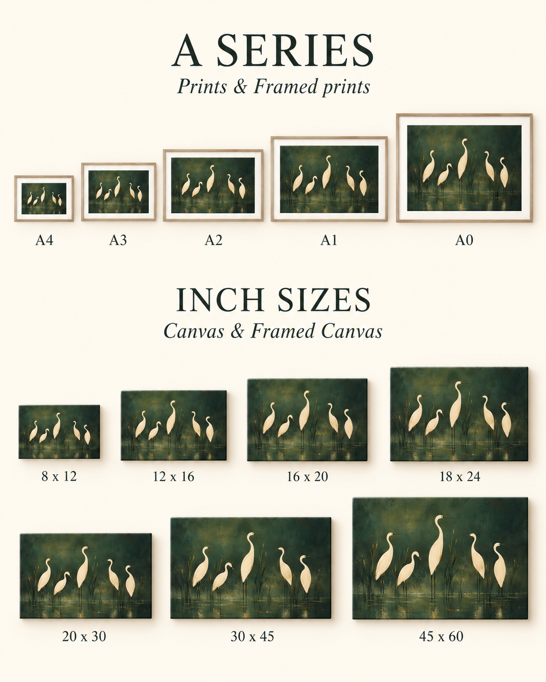 Size guide with A-series mounted prints and landscape canvases