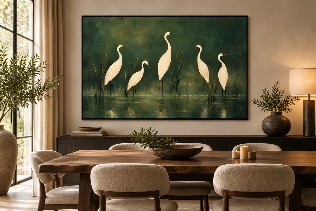 Quiet Gathering landscape wall art in a dining room