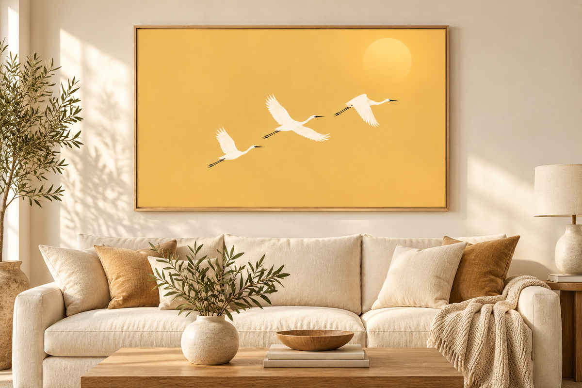 Golden Flight bird artwork in a warm living room