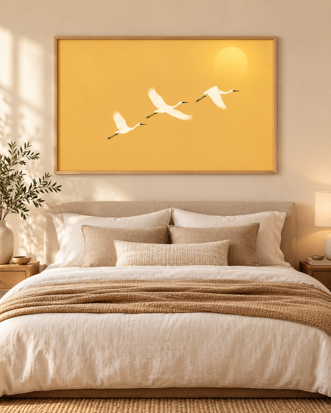 Golden Flight landscape art in a bedroom