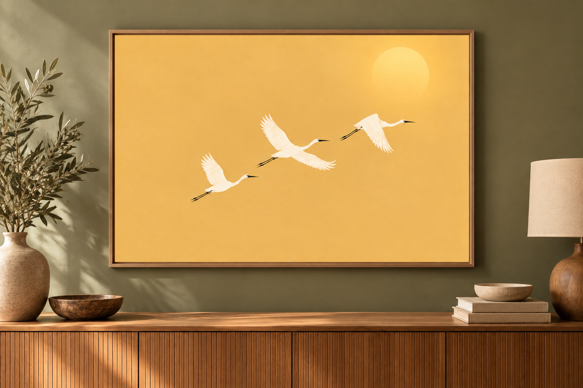 Golden bird artwork on an olive green wall