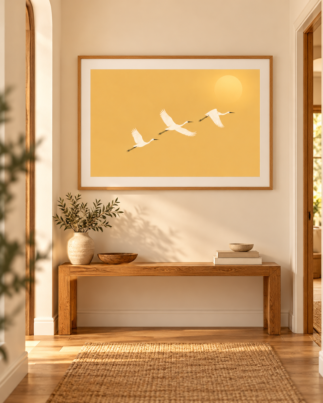 Mounted framed print of Golden Flight in a hallway
